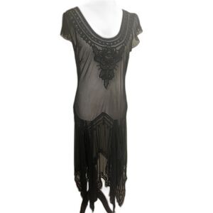 Antique 1920s Black Net Dress Hand Beaded & Sequins Flower Tiered Maxi vintage M